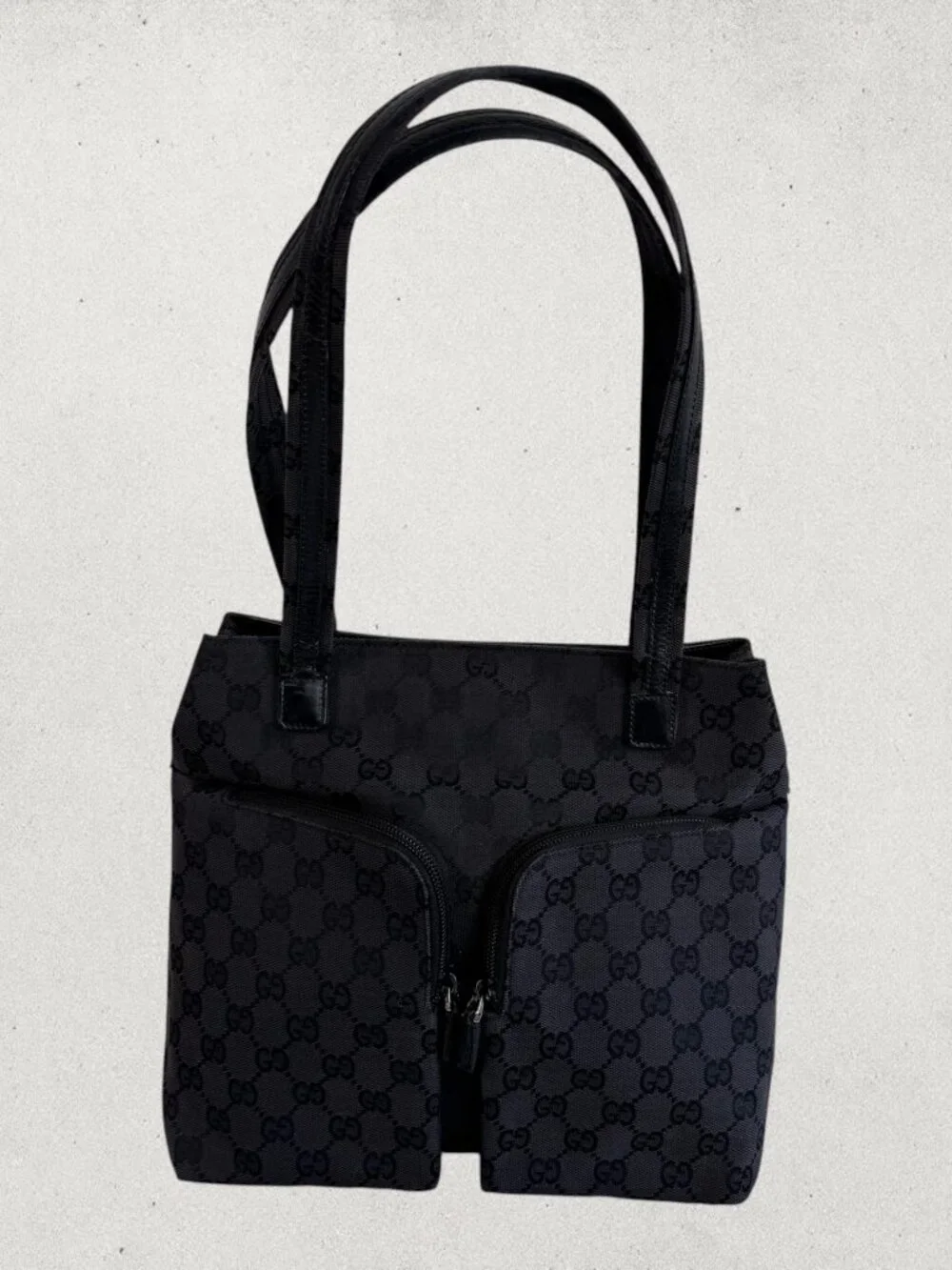 Gucci Gg Canvas / Denim Double Pocket Tote- Black  P0070
